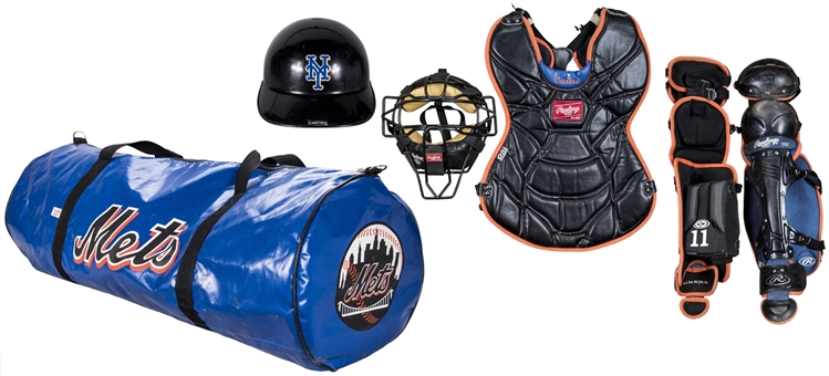 Lot of (5) 2007 Ramon Castro Game Used New York Mets Catchers Equipment: Chest Protector, Face Mask, Shin Guards, Bag & Helmet (Mets-Steiner)